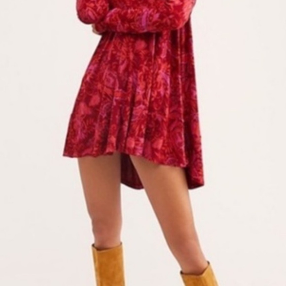 Free people Hello lover puff sleeve tunic/dress red/orange/purple floral flowy